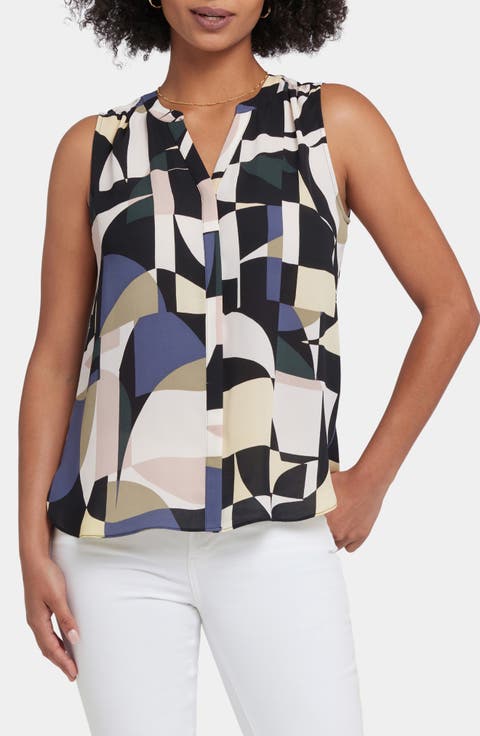 Print Pleat Back Sleeveless Split Neck Blouse (Regular & Petite) (Nordstrom Exclusive)