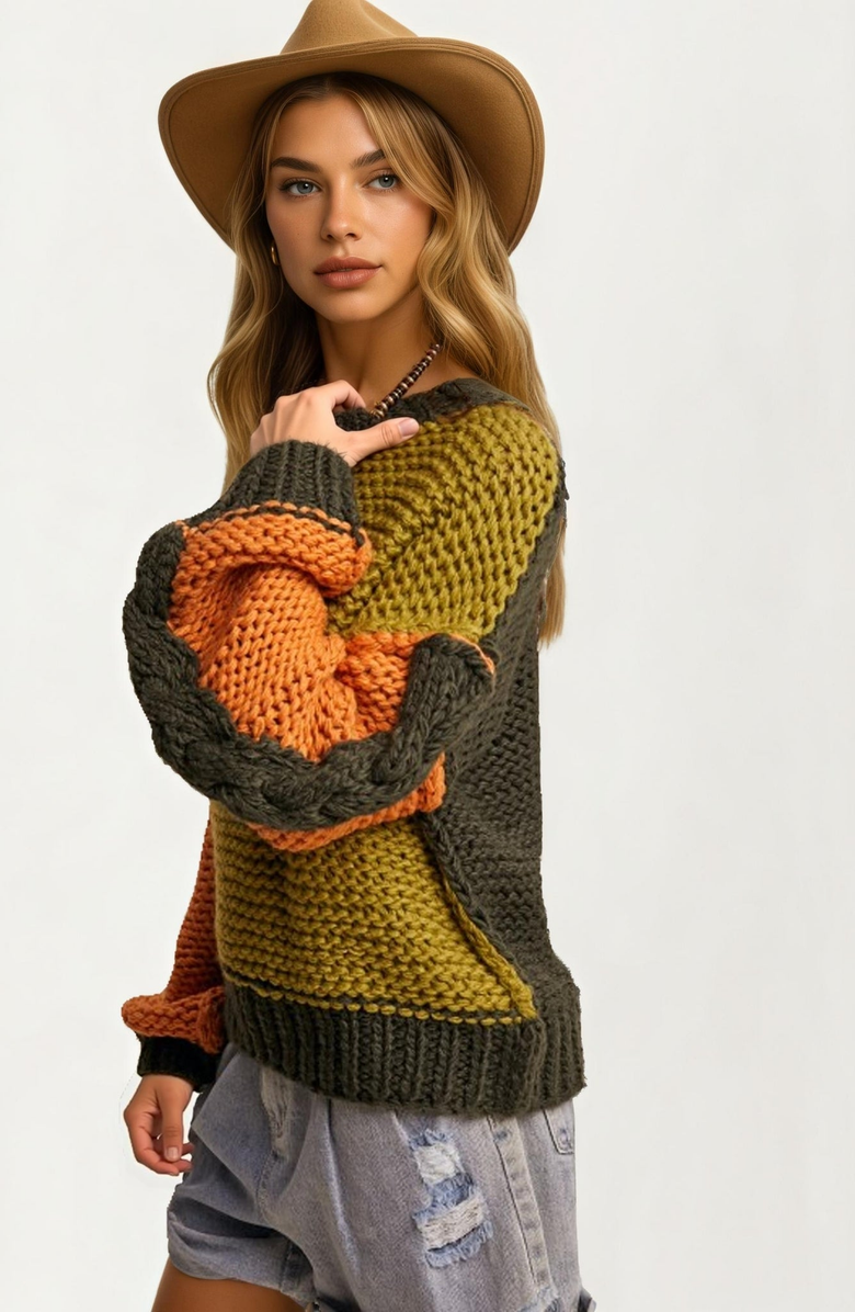 Knit and Lounge Chunky Knit Pullover Sweater, Alternate, color, Olive / Orange / Dark Green