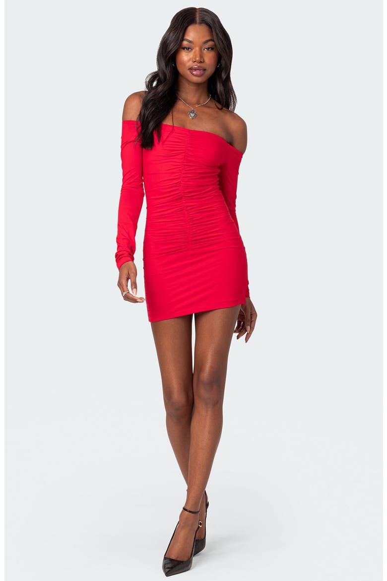 Off the Shoulder Ruched Long Sleeve Minidress, Alternate, color, RED