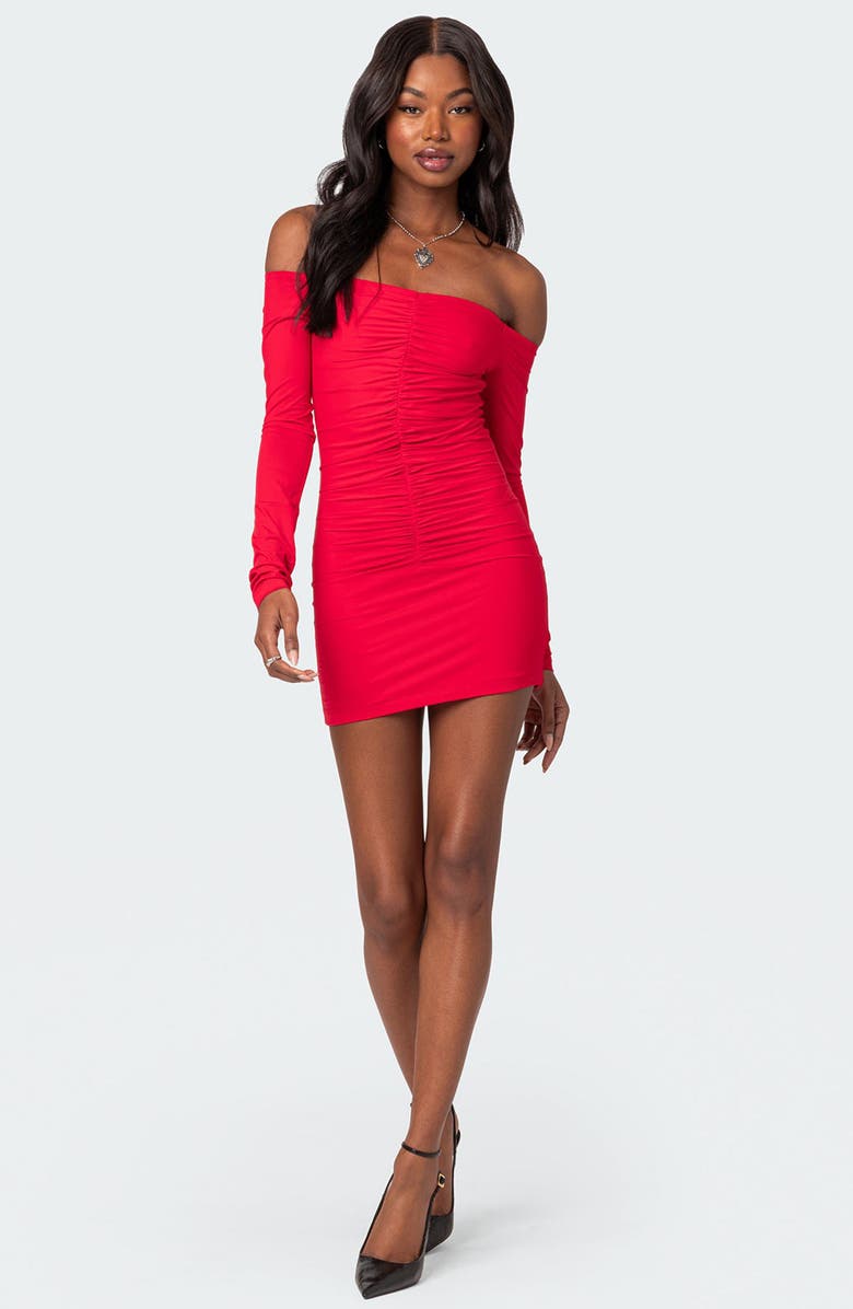 EDIKTED Off the Shoulder Ruched Long Sleeve Minidress, Alternate, color, 