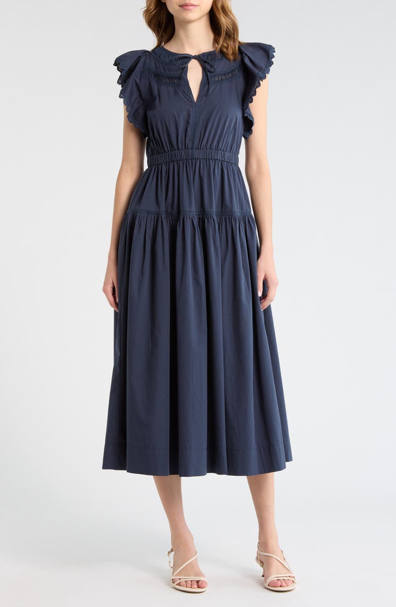 MOON RIVER Flutter Sleeve Midi Dress, Main, color, Navy