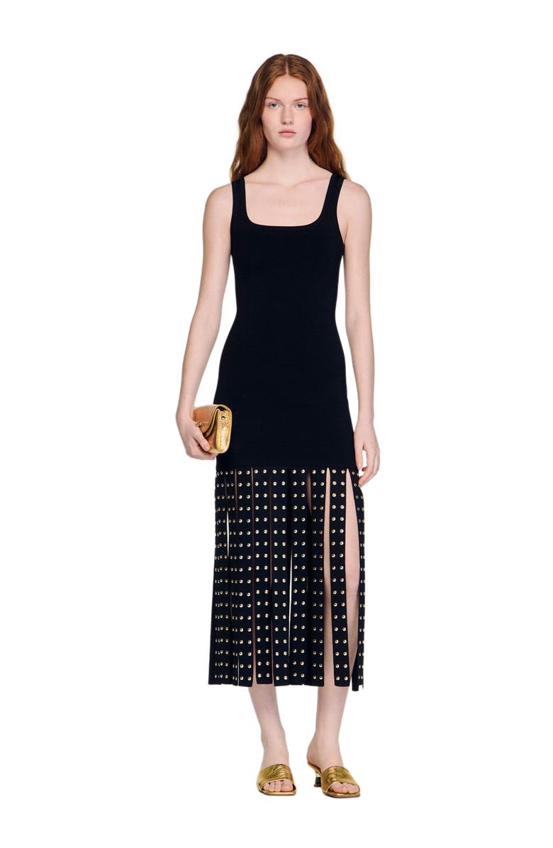 SANDRO Fringed knit maxi dress, Alternate, color, Black