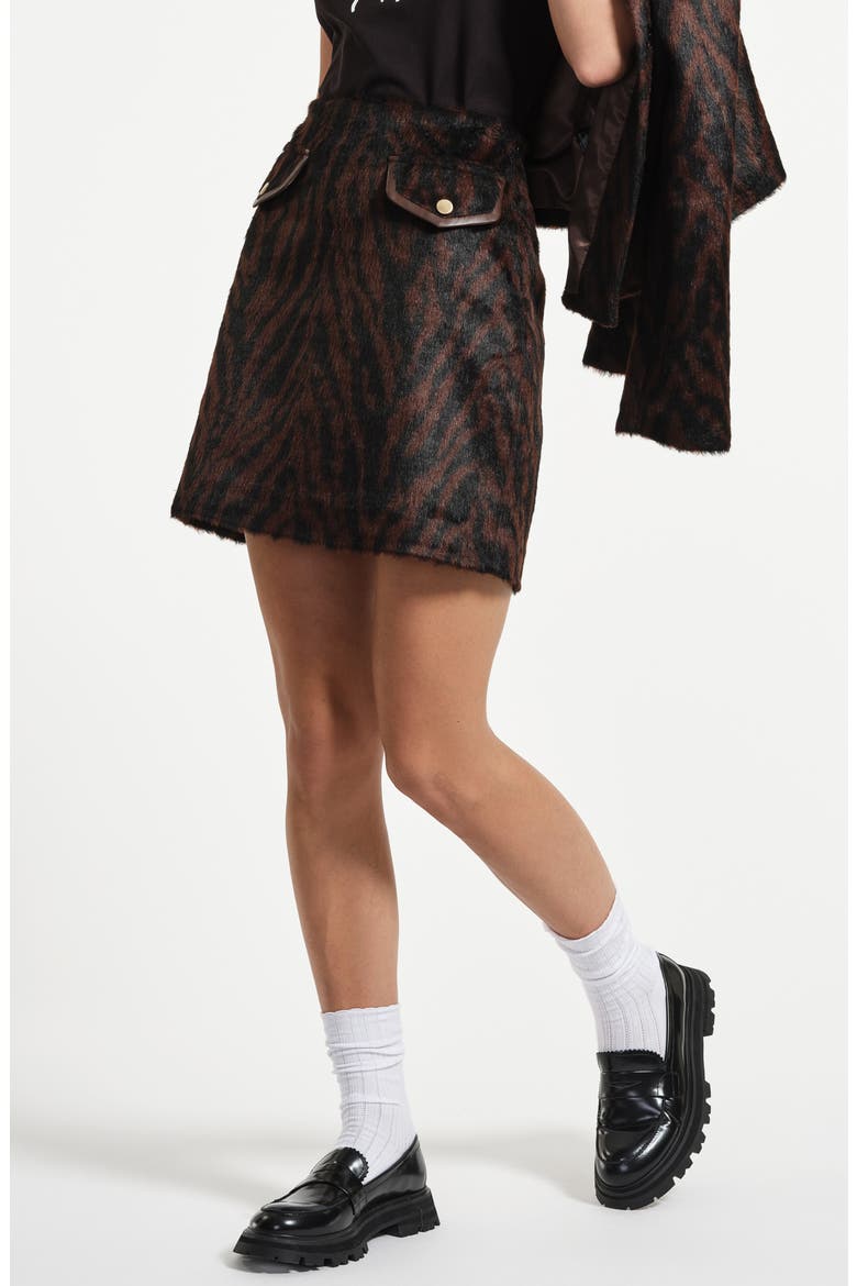Faux Fur Miniskirt, Main, color, BROWN ZEBRA
