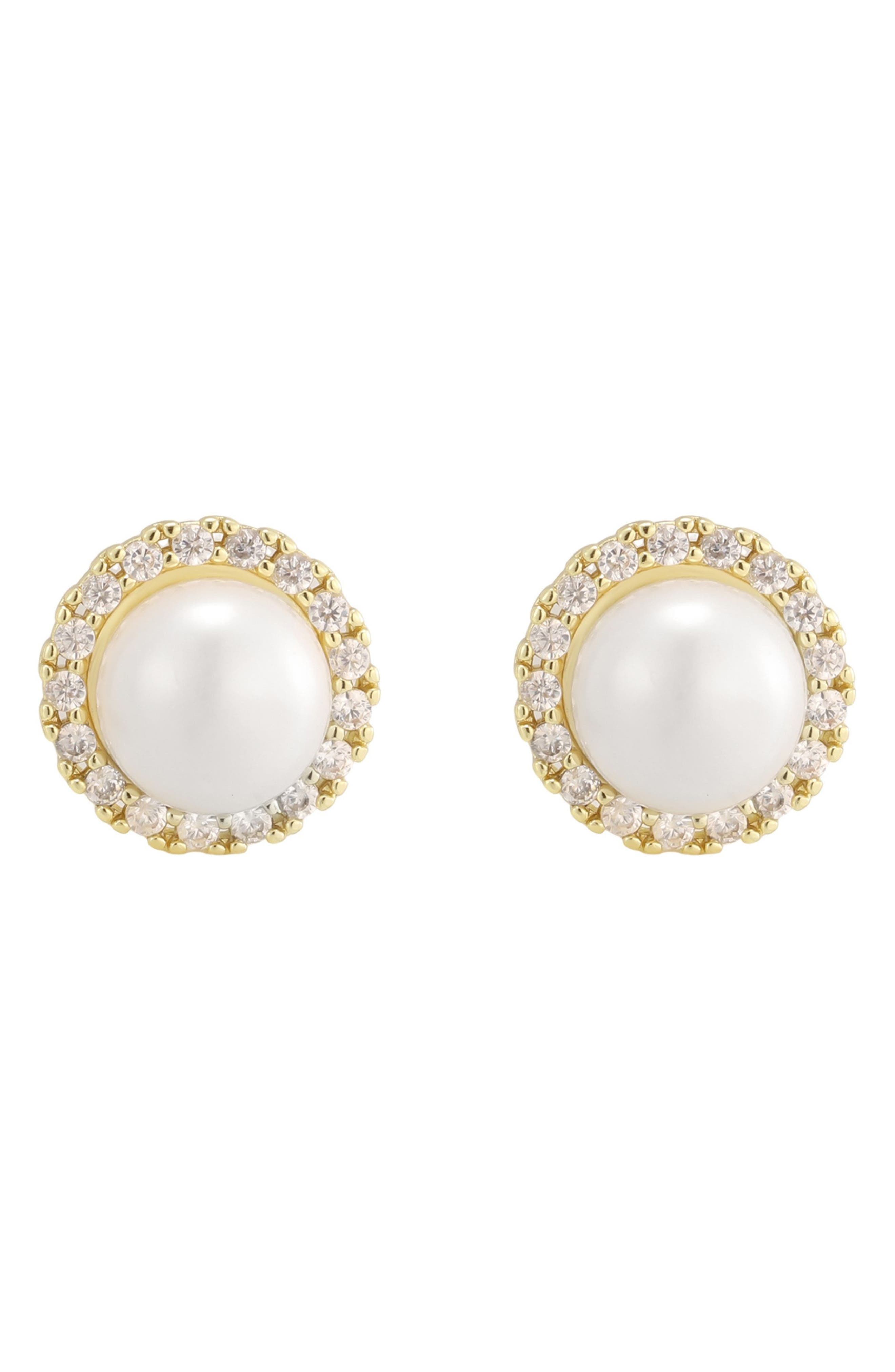14k Gold Plated Faux Pearl Halo Stud Earrings