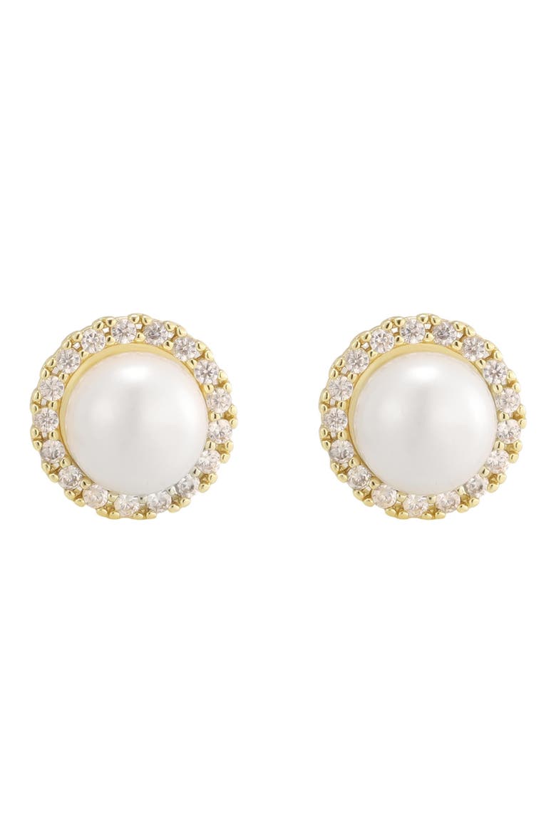 14k Gold Plated Faux Pearl Halo Stud Earrings, Main, color, WHITE/ GOLD