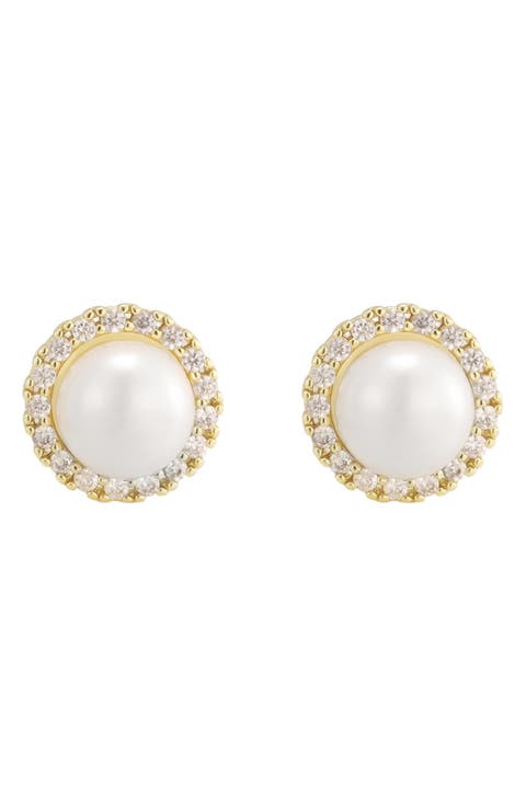 14k Gold Plated Faux Pearl Halo Stud Earrings