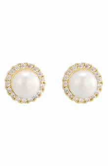 14k Gold Plated Faux Pearl Halo Stud Earrings