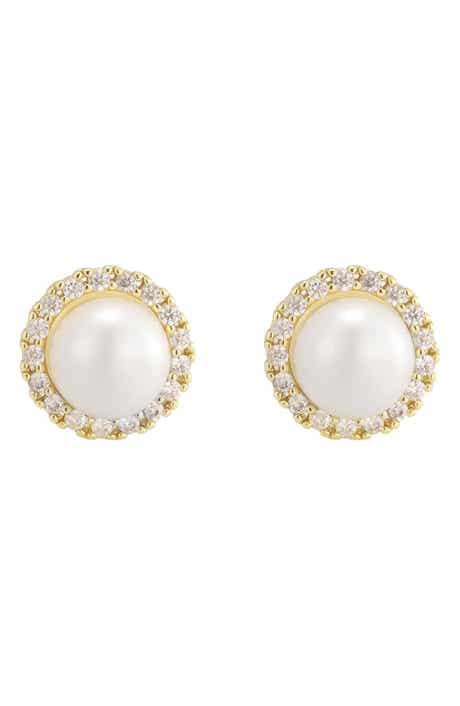 14k Gold Plated Faux Pearl Halo Stud Earrings
