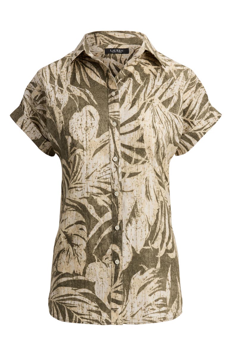 Lauren Ralph Lauren Tropical Print Short Sleeve Linen Shirt, Alternate, color, Farm Olive Green