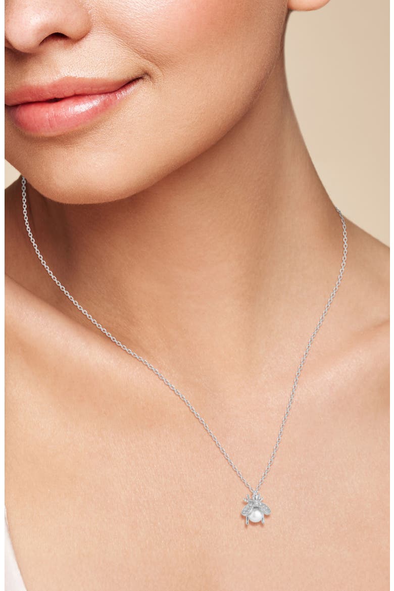 Bee Cubic Zirconia & Cultured Pearl Pendant Necklace, Alternate, color, SILVER/ PEARL