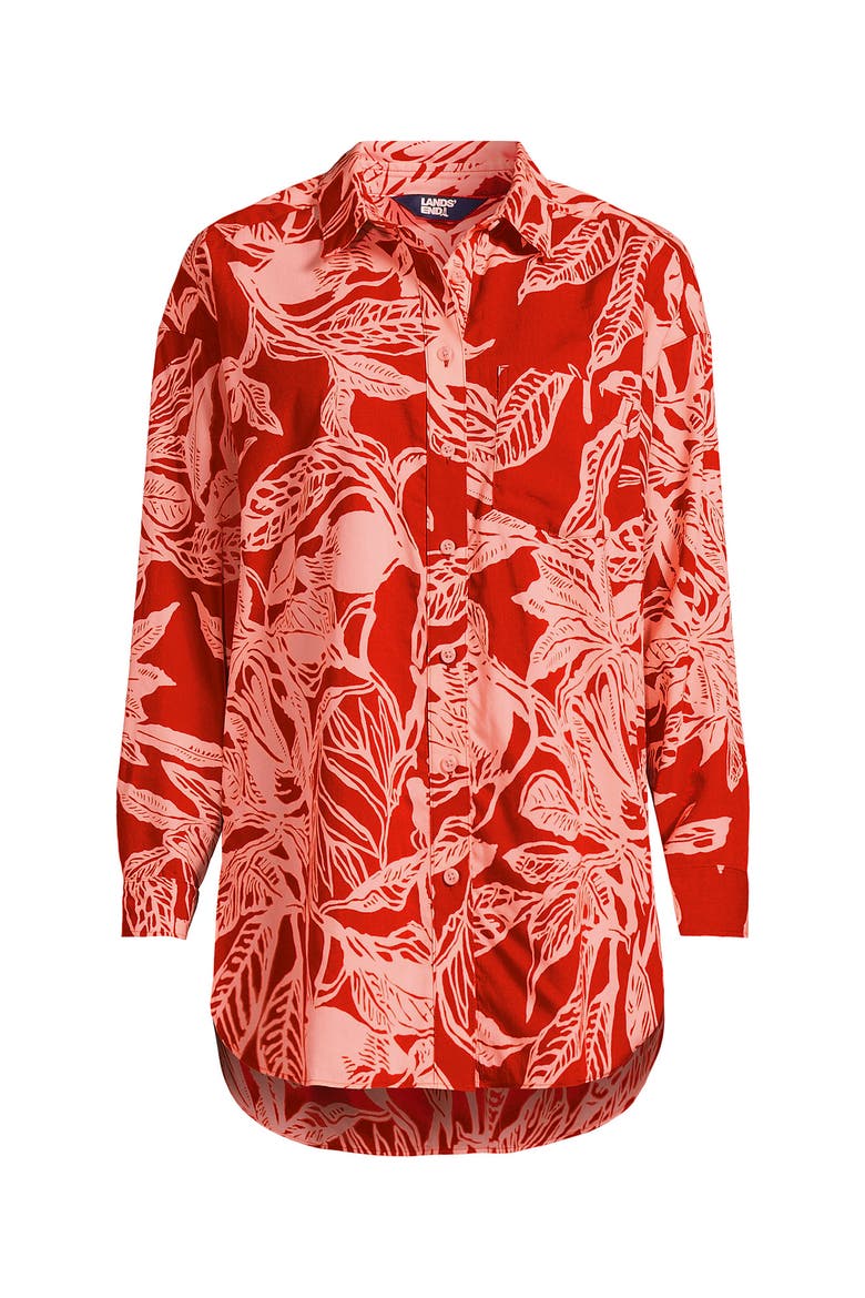 Women's Plus Size Cotton Voile Billowy Oversized Shirt, Alternate, color, Mandarin Orange Etched Leaves