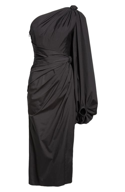 Shop Carolina Herrera One-shoulder Balloon Sleeve Stretch Cotton Midi Dress In Black