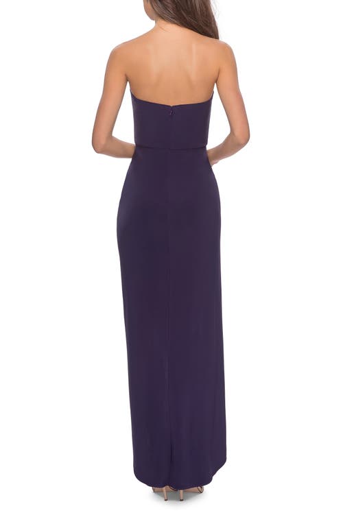 La Femme Long Strapless Jersey Dress With Side Ruching In Dark Purple