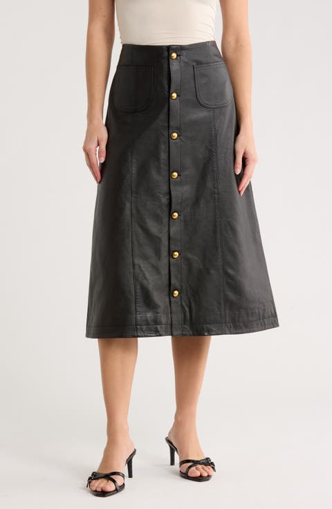 Button-Through Leather Skirt