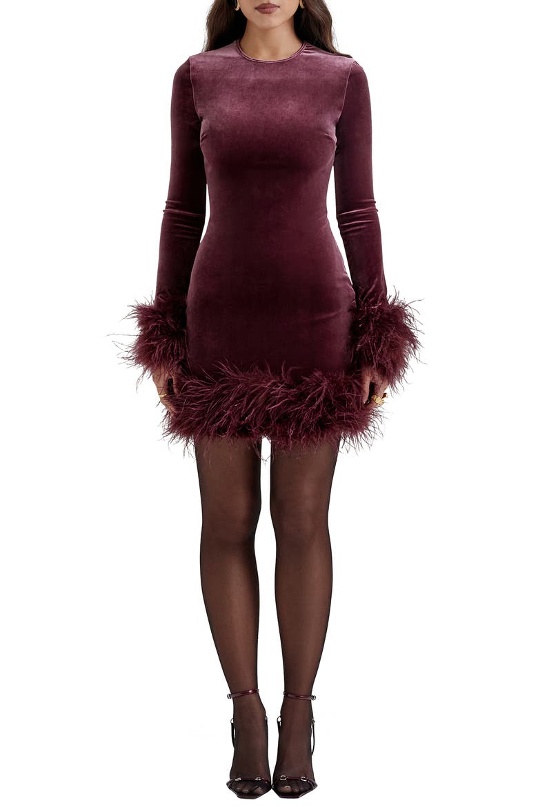 Lavinia Feather Trim Long Sleeve Velvet Body-Con Cocktail Minidress, Main, color, MULBERRY