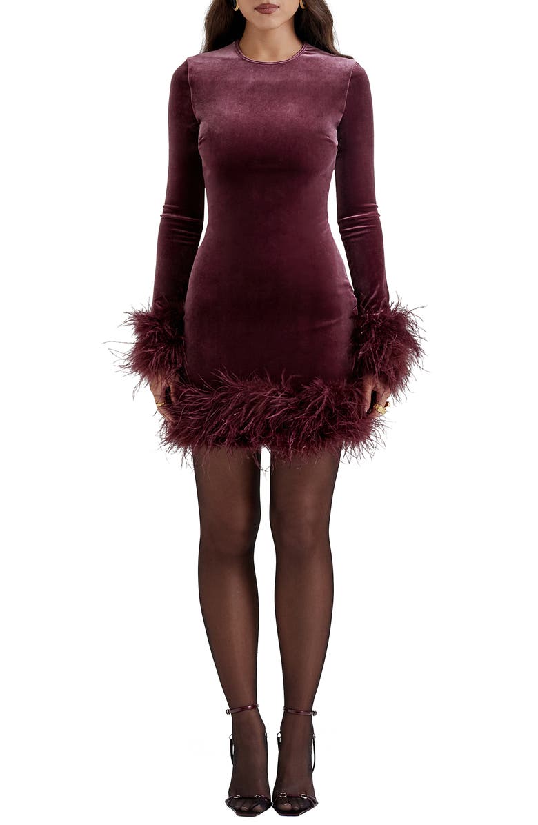 HOUSE OF CB Lavinia Feather Trim Long Sleeve Velvet Body-Con Cocktail Minidress, Main, color, 