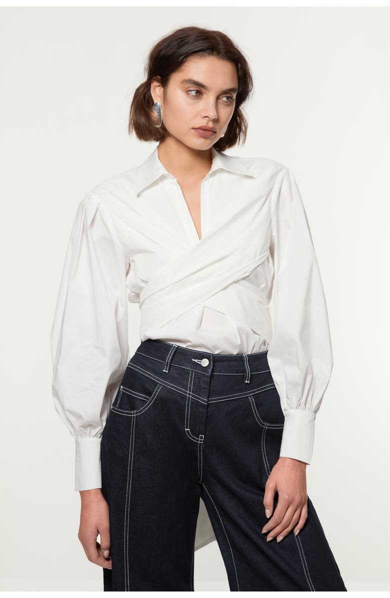 Karen Millen Woven Wrap Balloon Sleeve Blouse, Main, color, White