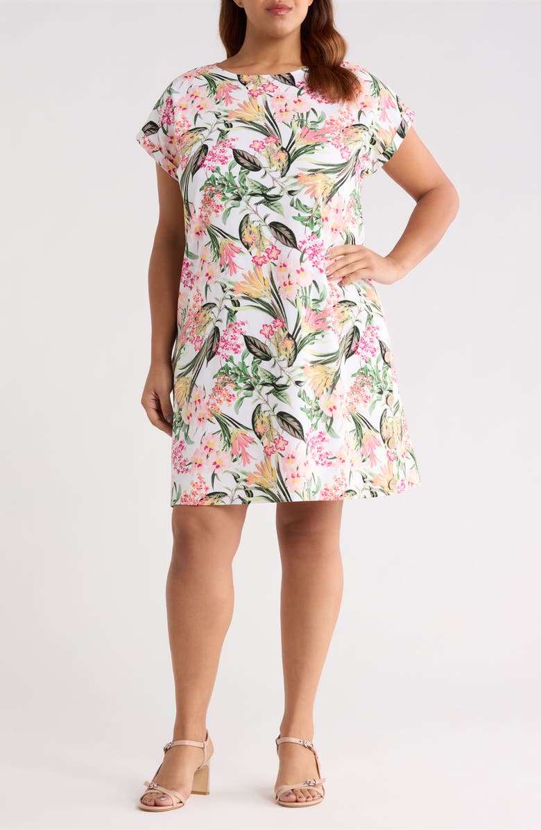 Jones New York Floral Print Linen Blend Dress, Main, color, Whtie Sand Multi