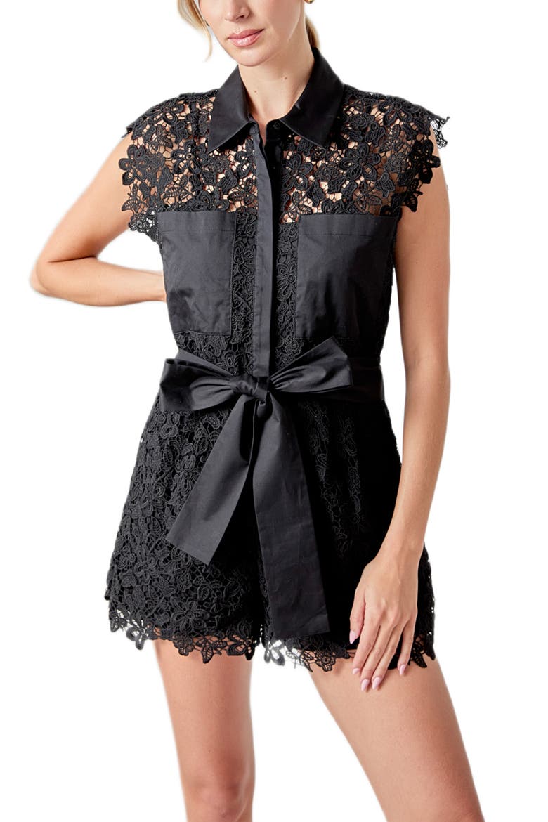 Lace Tie Waist Romper, Alternate, color, BLACK