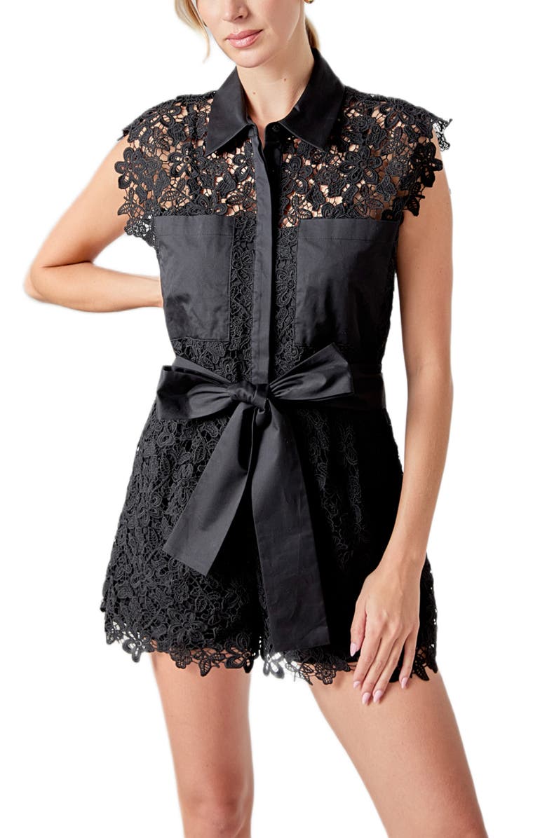 Endless Rose Lace Tie Waist Romper, Alternate, color, Black