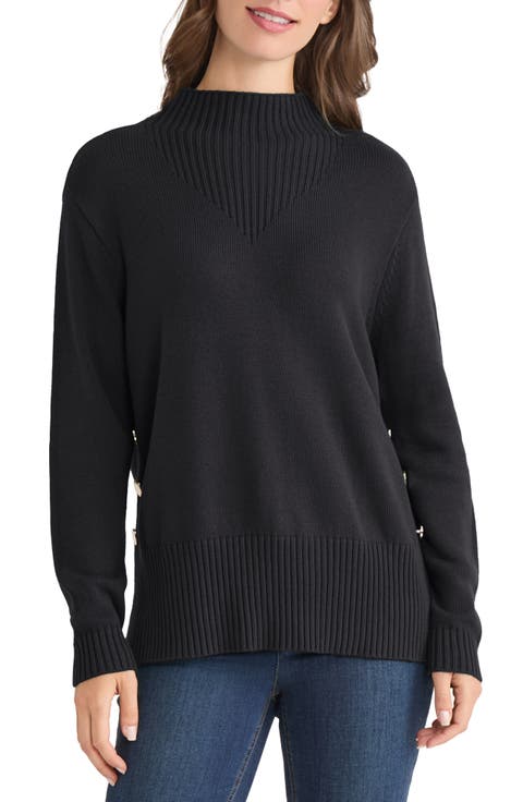 Button Detail Rib Funnel Neck Sweater