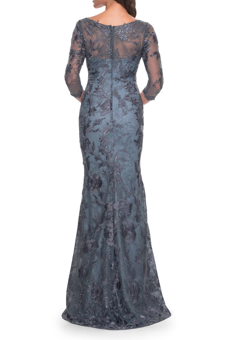Long Fitted Lace Dress with V Neckline and Sheer Sleeves, Alternate, color, Smoky Blue
