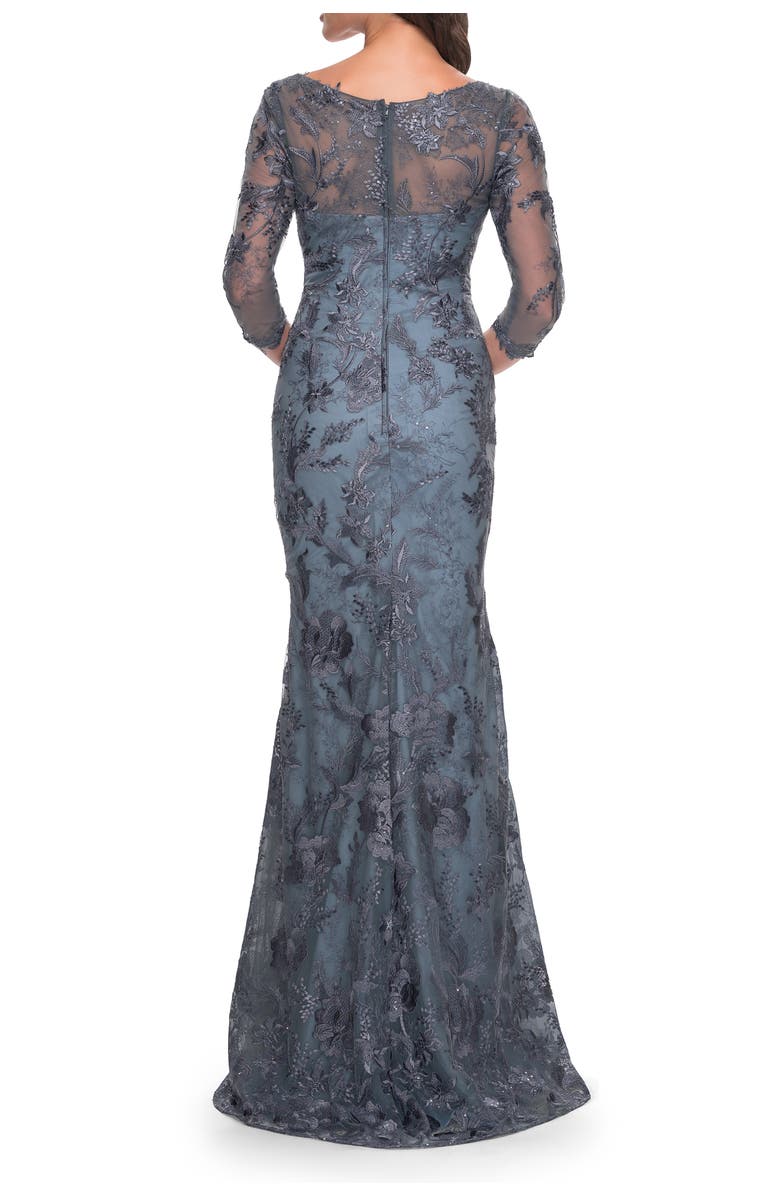 La Femme Long Fitted Lace Dress with V Neckline and Sheer Sleeves, Alternate, color, Smoky Blue
