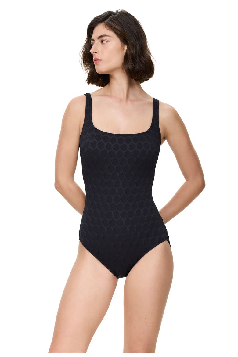 Chained Reaction Textured Square Neck One Piece, Main, color, Black