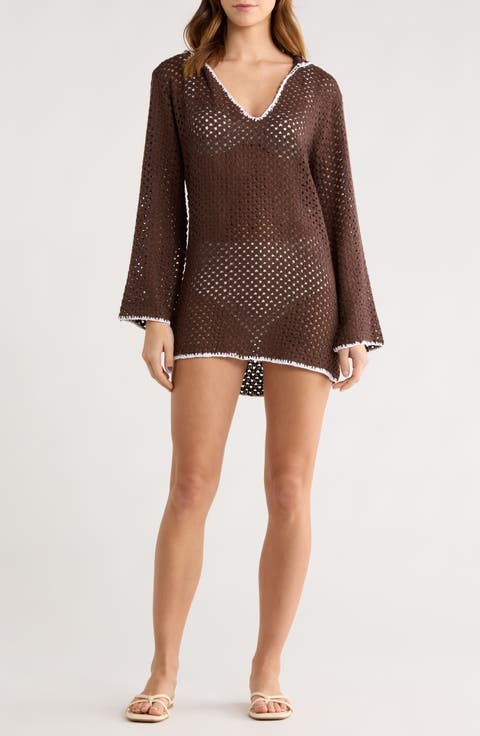 Long Sleeve Sheer Open Stitch Cover-Up Dress