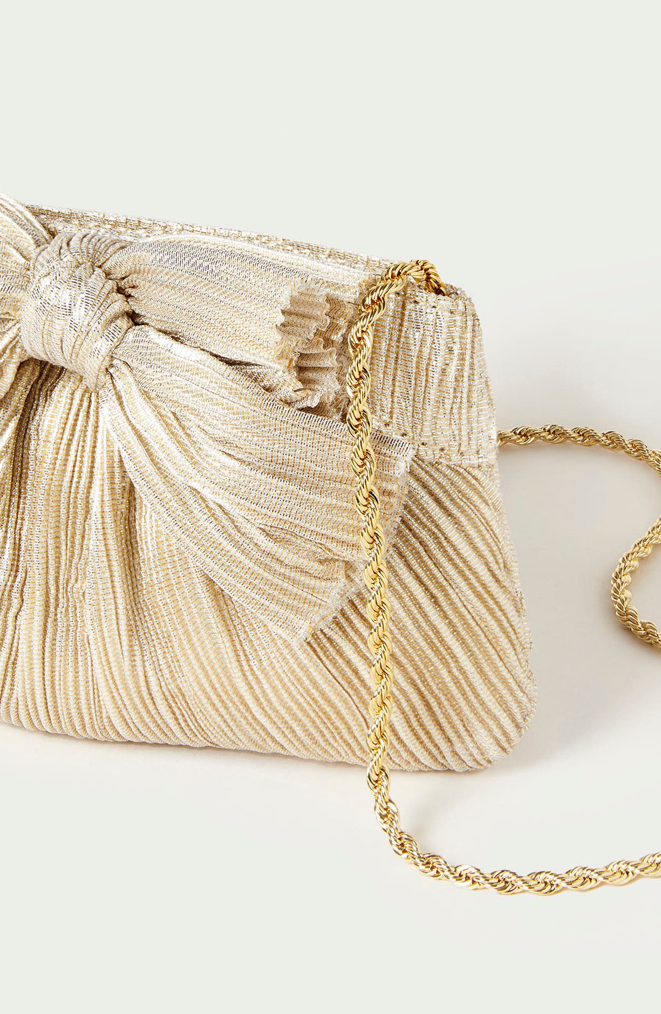 Rochelle Pleated Bow Clutch, Alternate, color, PLATINUM