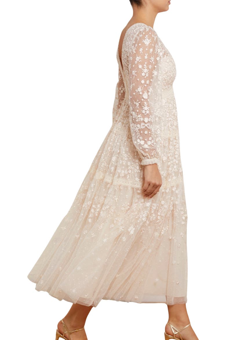 Celestia Ribbon Long Sleeve V-Neck Gown, Alternate, color, Champagne