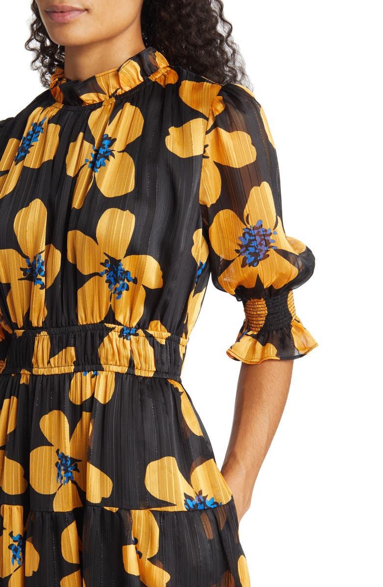 MELLODAY Floral Puff Sleeve Pleated Midi Dress, Alternate, color, 