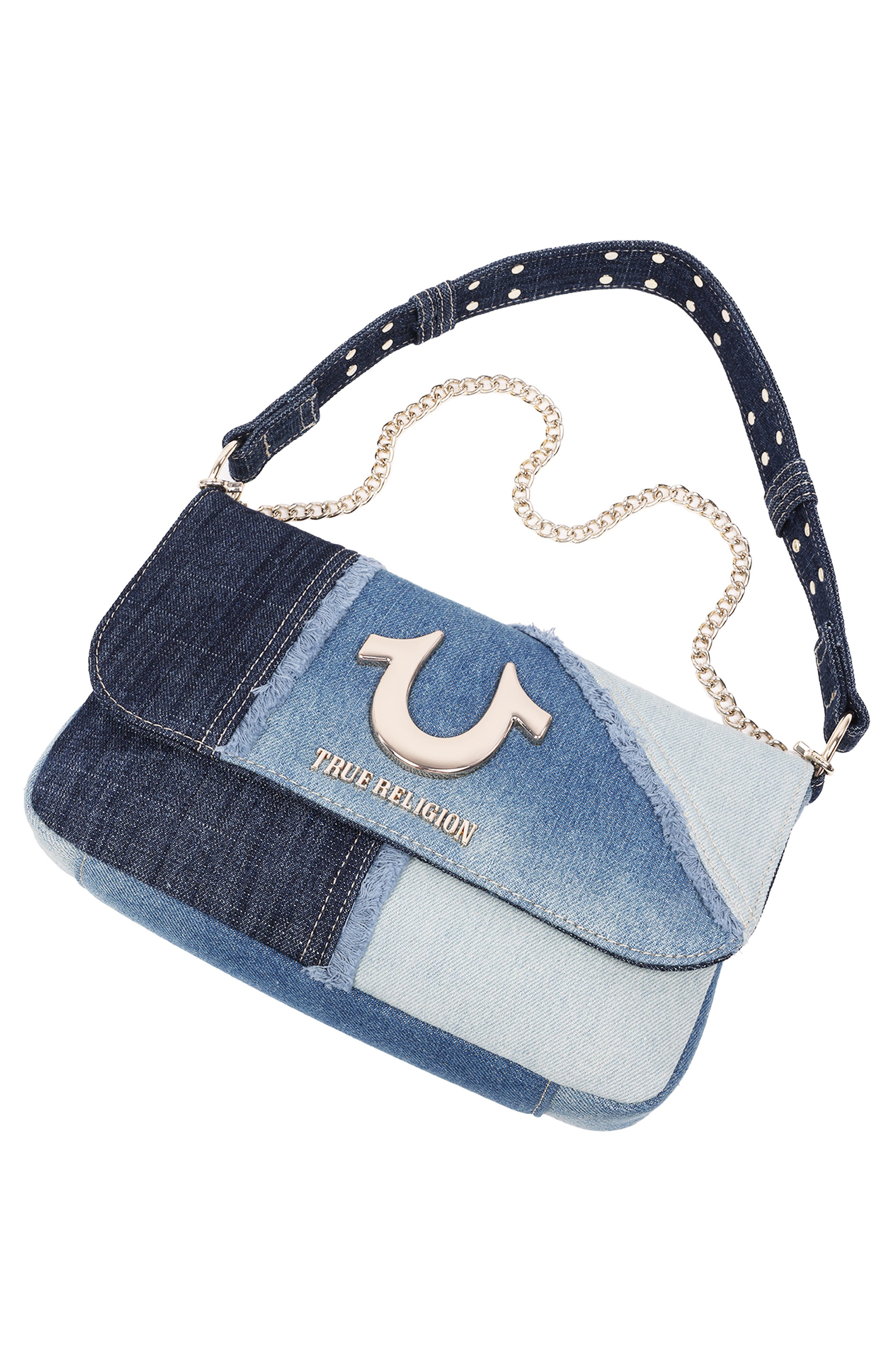 True Religion Frayed Denim Horseshoe Shoulder Bag, Alternate, color, Denim/ Blue
