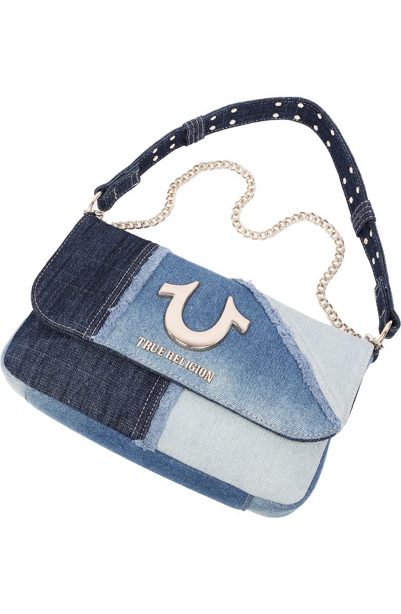 True Religion Frayed Denim Horseshoe Shoulder Bag, Alternate, color, Denim/ Blue