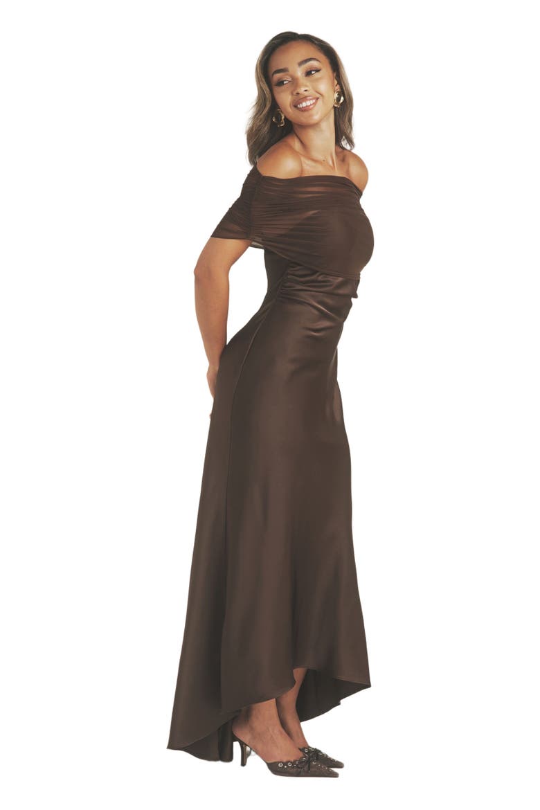 Bardot Detail Satin Midaxi Dress, Alternate, color, Mocha