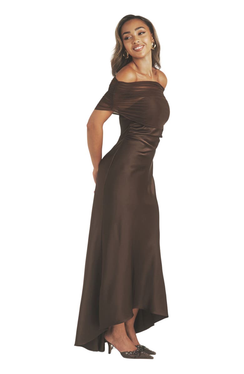 Six Stories Bardot Detail Satin Midaxi Dress, Alternate, color, Mocha