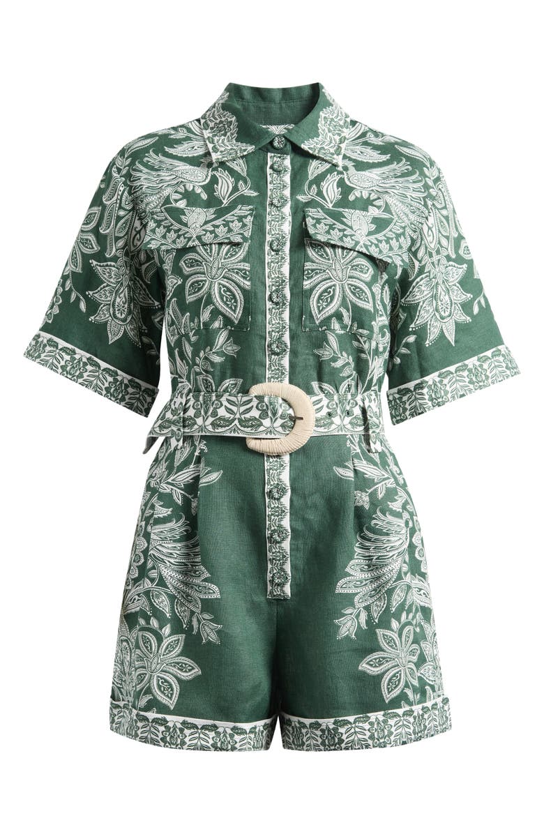 FARM Rio Miranda Belted Linen Utility Romper, Main, color, Miranda Dark Green