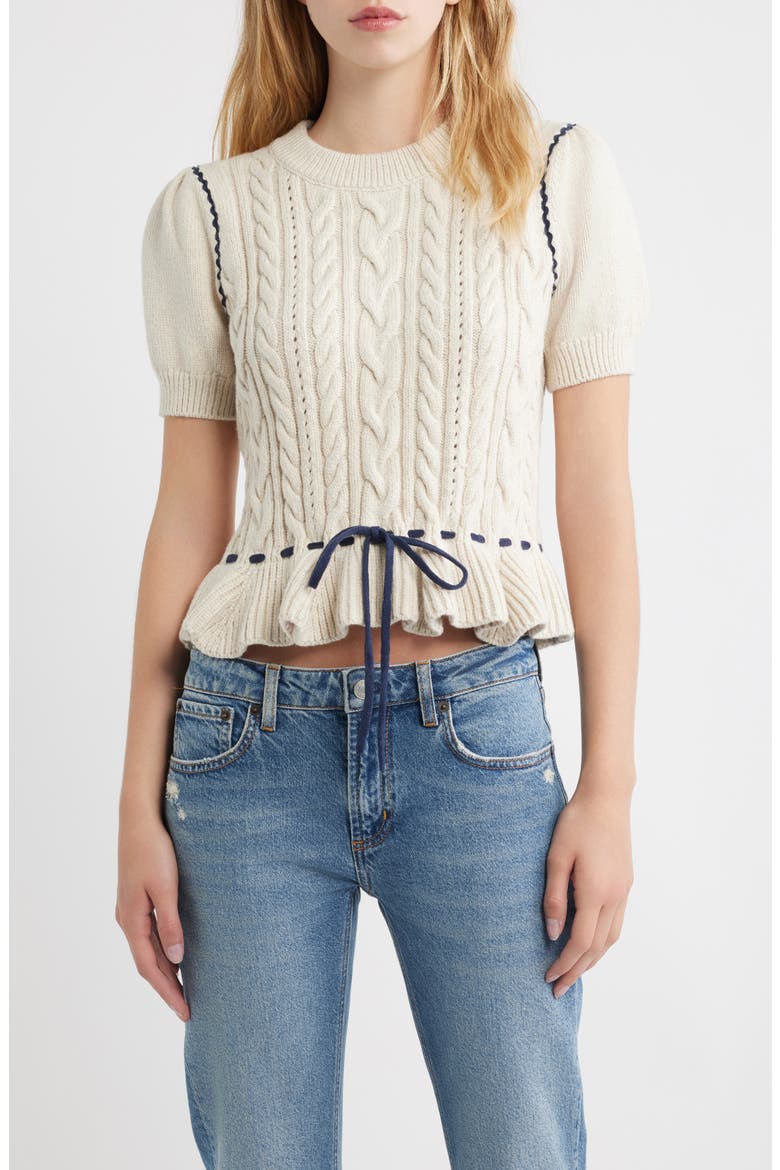 Chandi Cable Knit Puff Sleeve Sweater, Main, color, HEATHER OAT