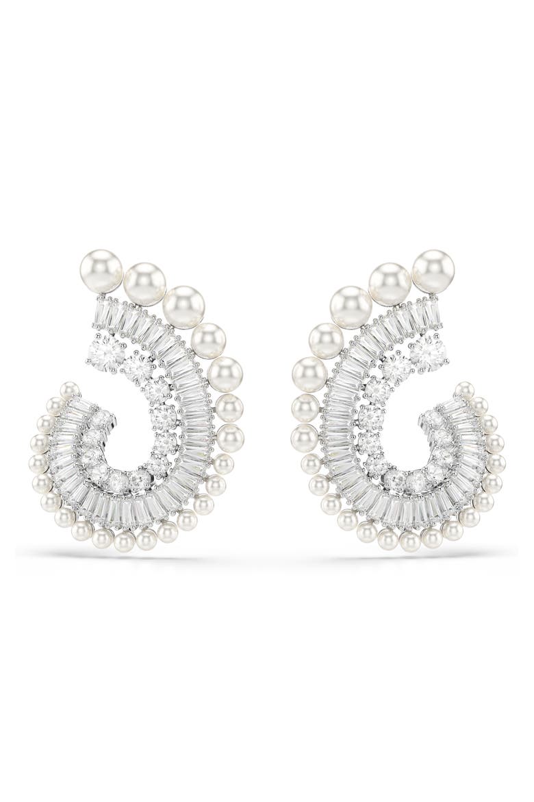 x Ariana Grande Mixed-Cut Cubic Zirconia & Faux Pearl Hoop Earrings, Alternate, color, WHITE/ SILVER