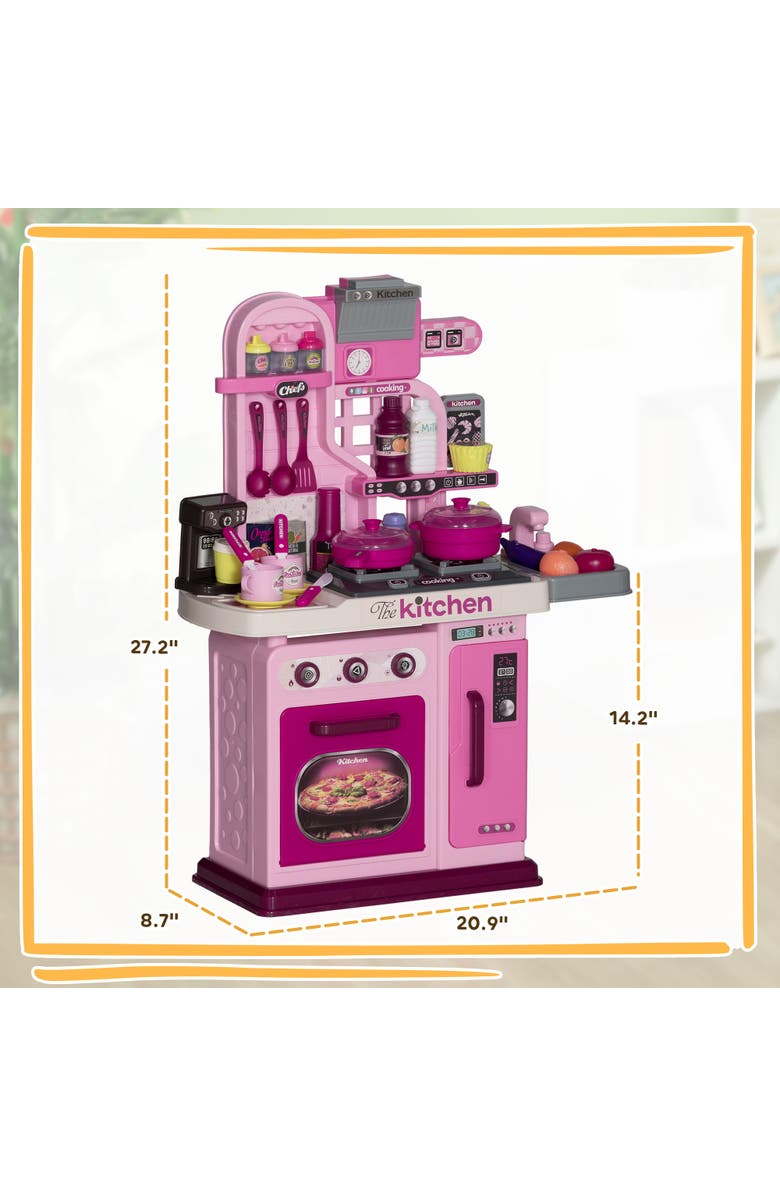 Qaba Kids Play Kitchen, Lights, Sounds, 33 Accessories, Storage, Alternate, color, Pink