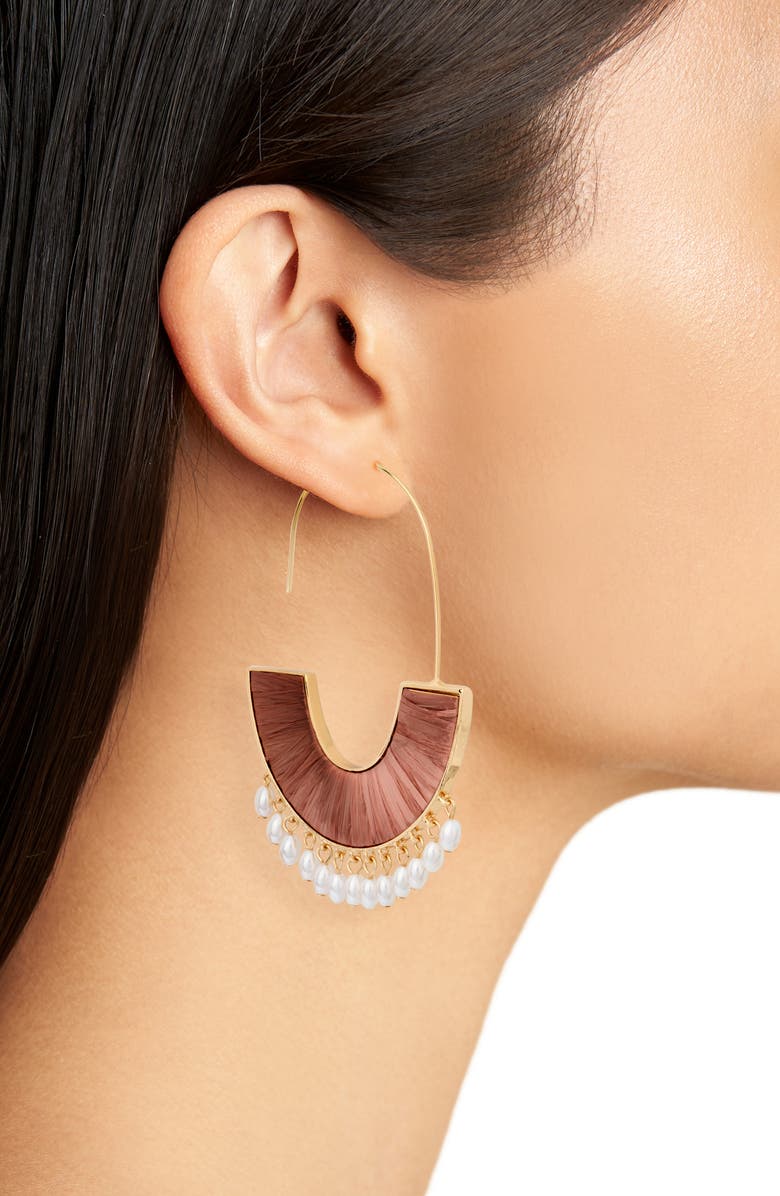 BaubleBar Raffia & Faux Pearl Drop Threader Earrings, Alternate, color, Brown