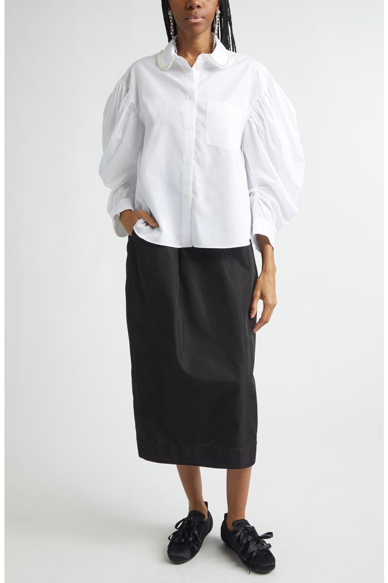 Faux Pearl Boxy Balloon Sleeve Cotton Button-Up Shirt, Alternate, color, WHITE/ PEARL