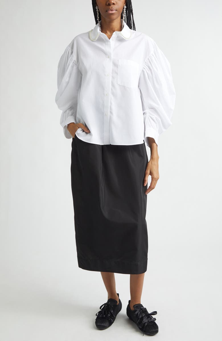 Simone Rocha Faux Pearl Boxy Balloon Sleeve Cotton Button-Up Shirt, Alternate, color, White/ Pearl