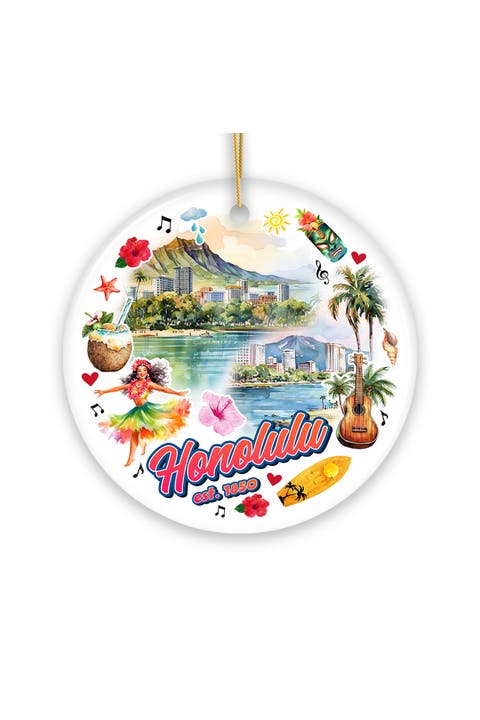 Honolulu Watercolor Tropical Round Ceramic Ornament