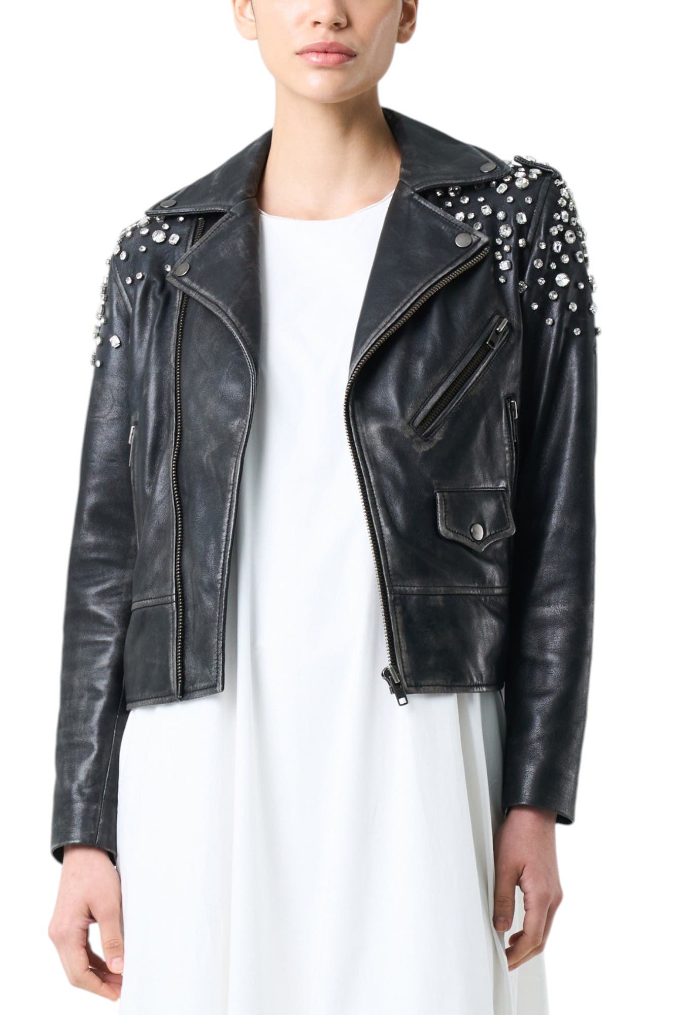 Leather biker jacket for women with crystals