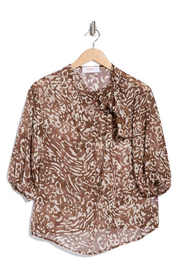 Shop Renee C Animal Print Tie Neck Top In Chocolate