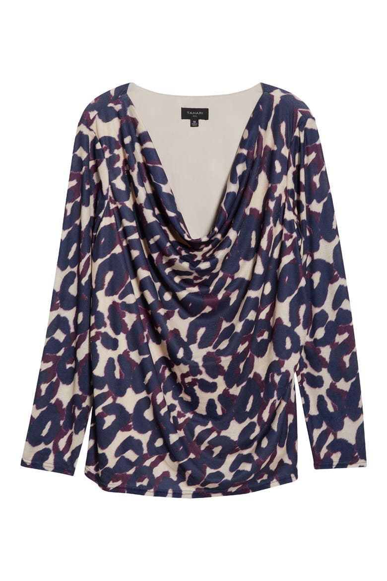 Cowl Neck Top, Alternate, color, NAVY/ PLUM LEOPARD