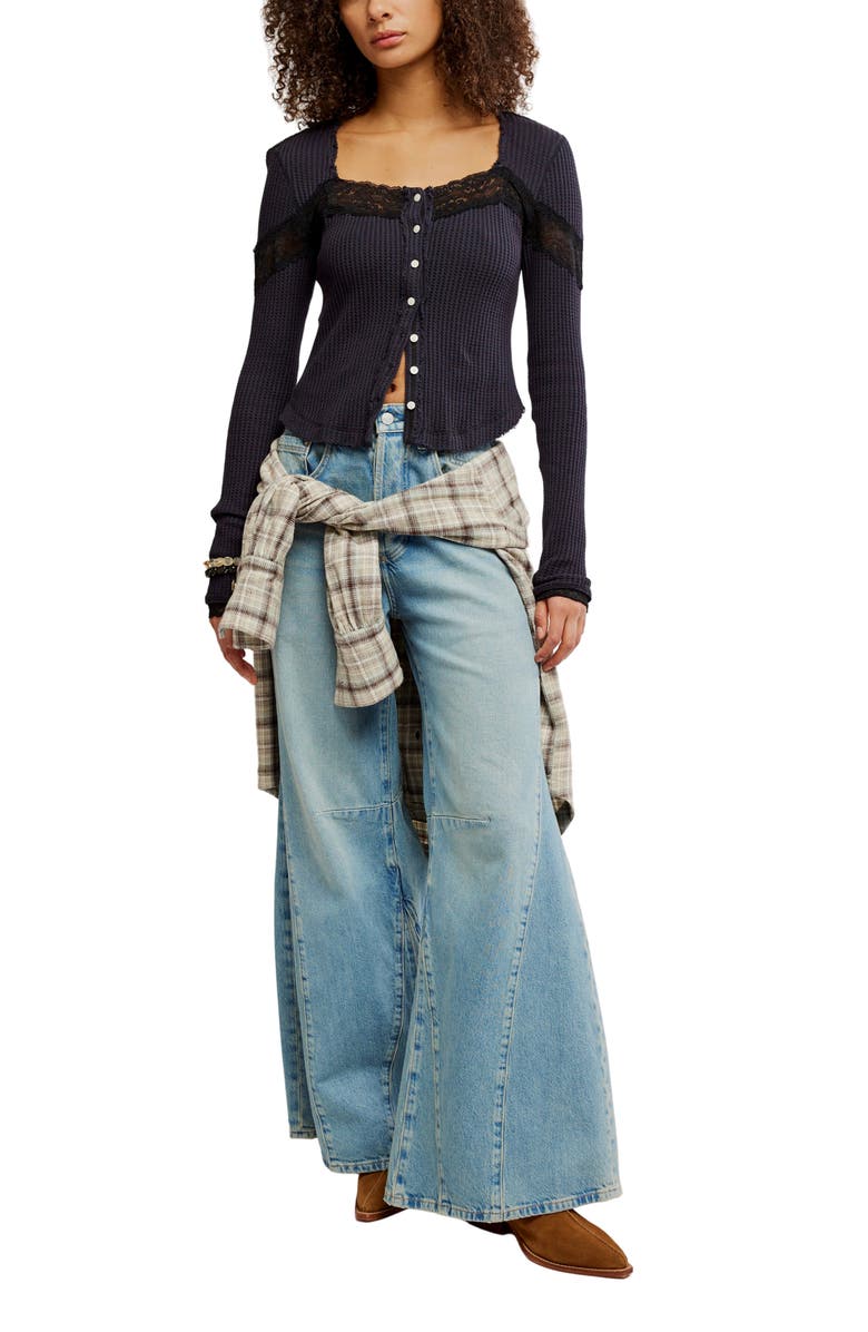 Free People Let's Party Lace Trim Cotton Waffle Cardigan, Alternate, color, Black