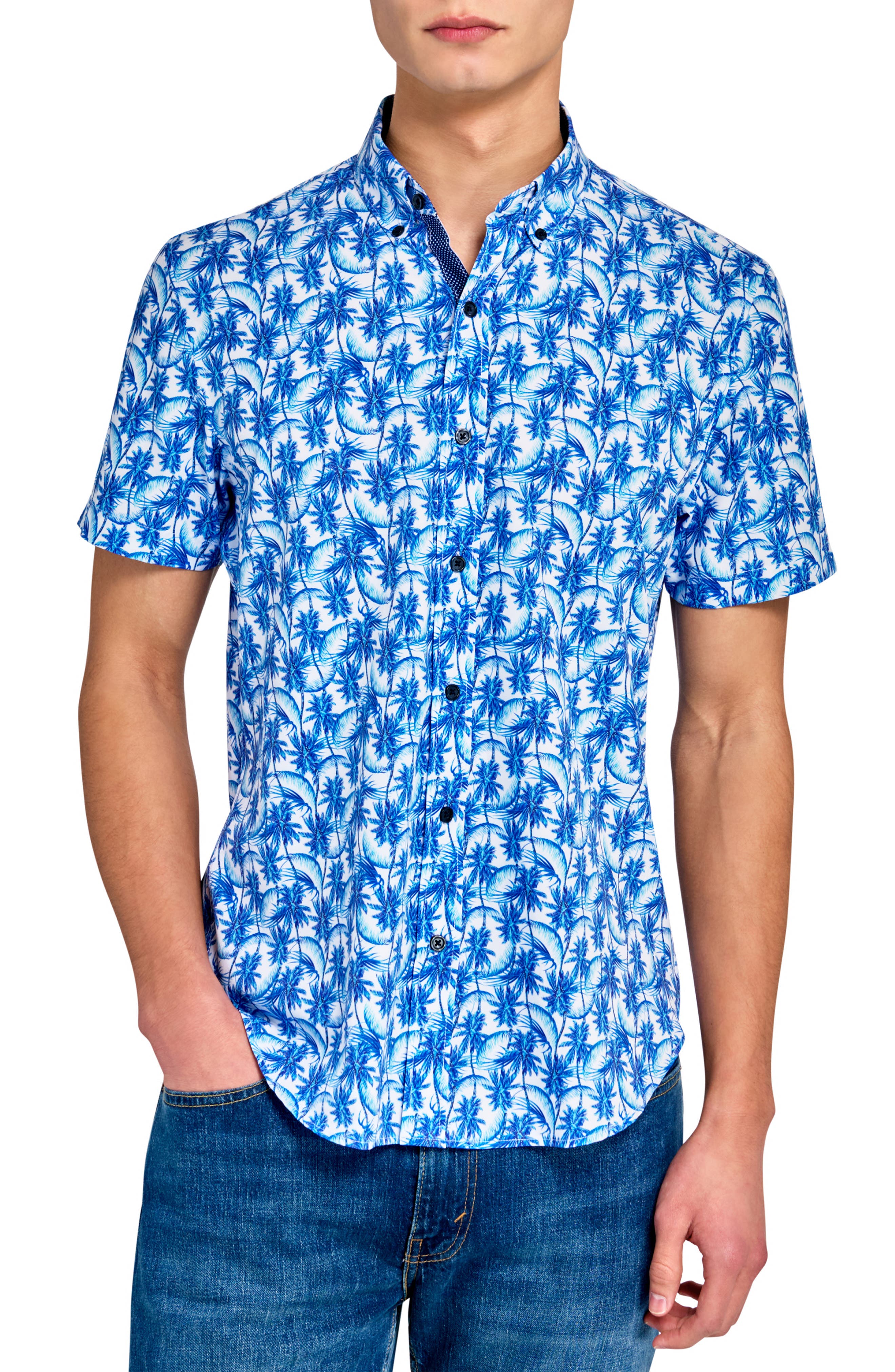 CONSTRUCT Palm Tree Short Sleeve Woven Button Down Shirt