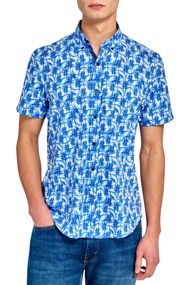 CONSTRUCT Palm Tree Short Sleeve Woven Button Down Shirt, Main, color, Navy